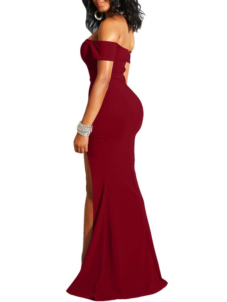 YMDUCH Women's Off Shoulder High Split Long Formal Party Dress Evening Gown WineRed - Image 2